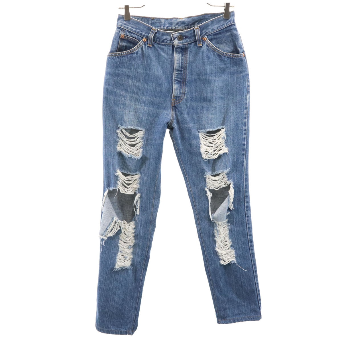 80s 26048 0214 ヴィンテージ 42タロン クラッシュ加工 テーパードデニムパンツ 13 ウォッシュブルー ジーンズ レディース 古着