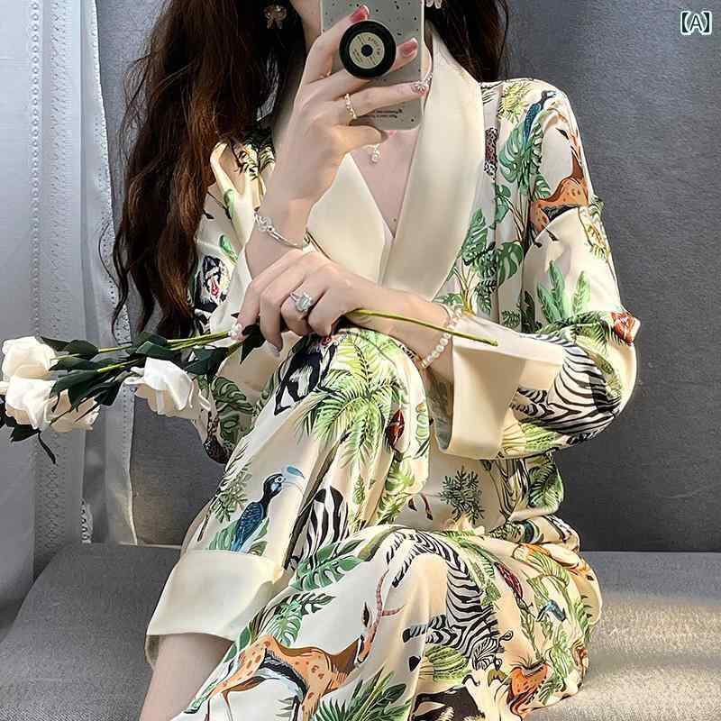 シルク　パジャマ　レディース 軽い 高級 シルクパジャマ レディース 長袖 春秋 夏 スーツ ホーム 服 プリント 動物 冷感 薄手 6,236円