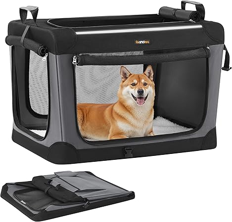 このペットキャリアは折りたたみ式で持ち運びやすく体重25kg以下の中型犬と大型猫に適しています丈夫でソフトなフレームと収納ポケットを備えています76.2 x 53.4 x 53.4cm