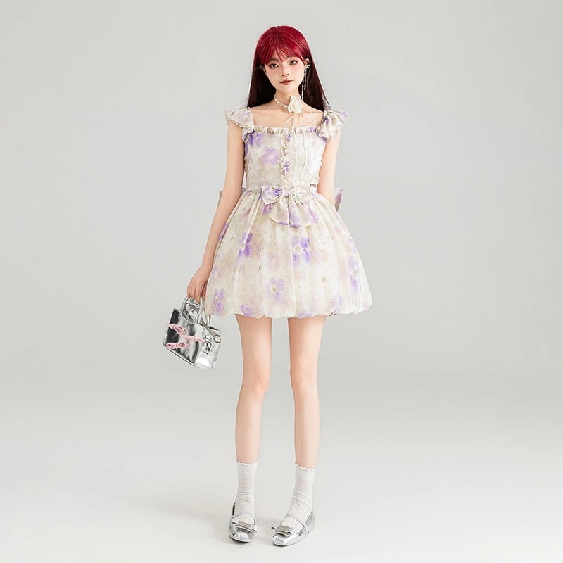 【高品質です】フレンチロマンティック花柄ドレスバドスカート24夏優しいリボン飾りふわふわプリンセススカート