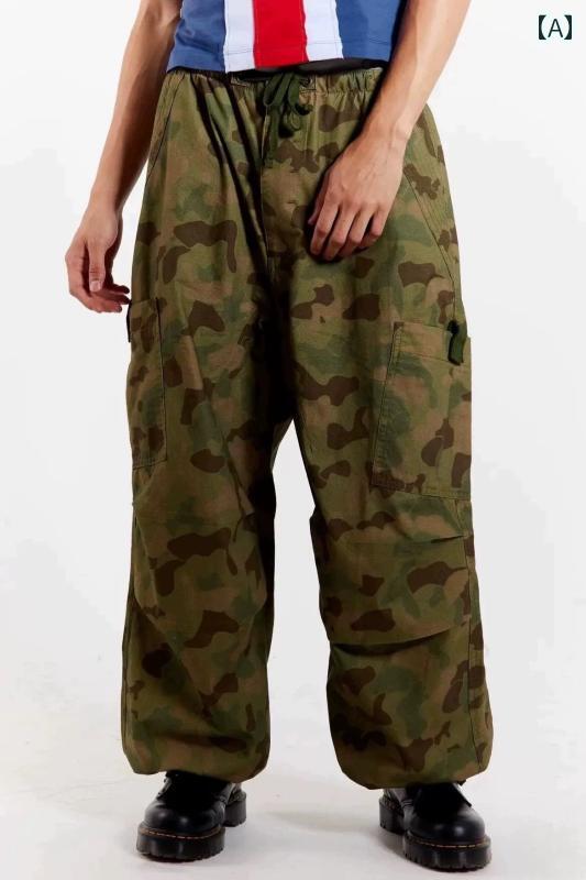 カーゴパンツ レディース ボトムス 迷彩 カモフラ レトロ プリント ポケット パラシュート レッグ 薄手 ストレート ワーク 作業着 夏