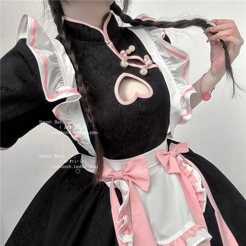 メイド服 可愛い チャイナ風 コスプレ ボウタイ 透かし彫り S M L ワンピース