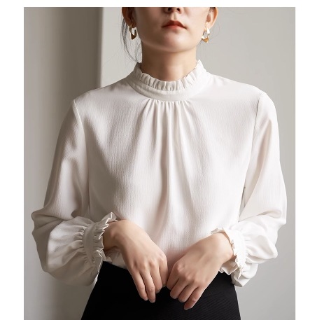 レディース トップス ブラウス プルオーバー 長袖 フリル袖 スタンドカラー フリル シボ 楊柳 かわいい 大人可愛い きれいめ カジュアル 上品 おしゃれ こなれ感 ガーリー 個性的 クール