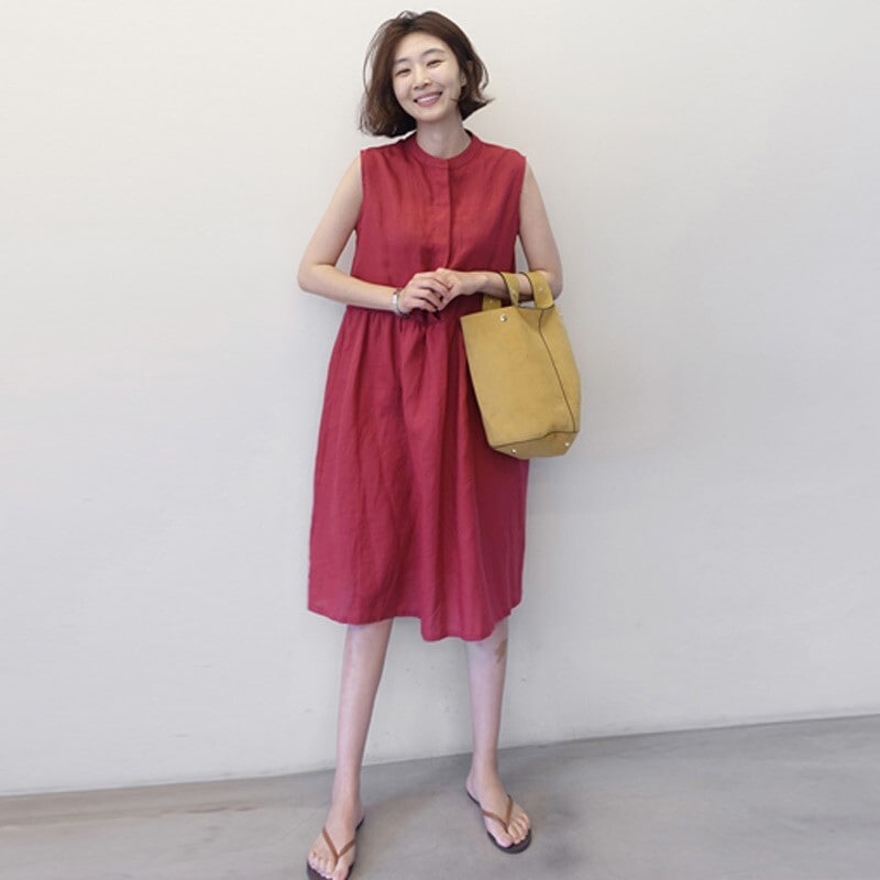 レディース ワンピース ひざ丈 ノースリーブ ラウンドネック かわいい 大人可愛い きれいめ シンプル 上品 おしゃれ ラフ 大人女子 こなれ感 個性的 主役級 存在感 ナチュラル ベーシック