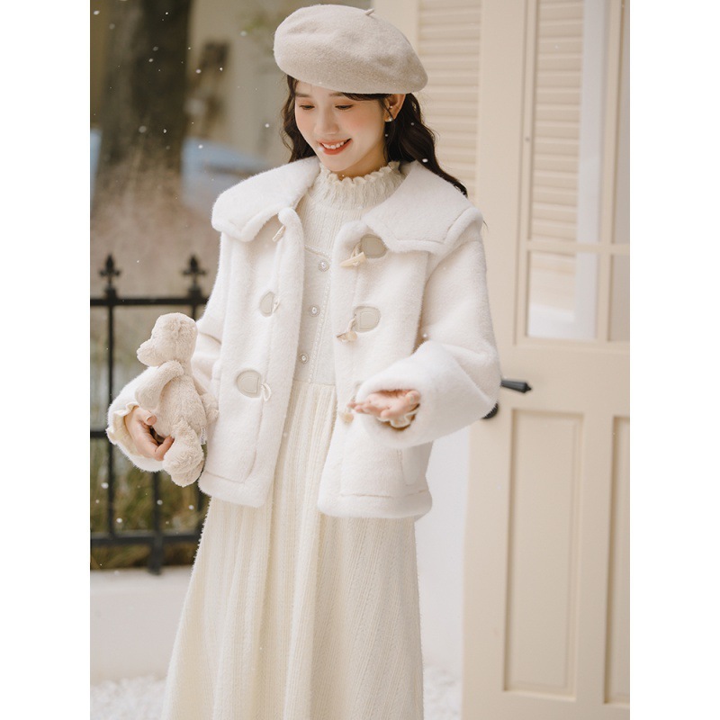 秋冬 甘い ストレートがた 牛の角のボタン 少女 アカデミック フロック あたたまること 長袖 襟を折り返す