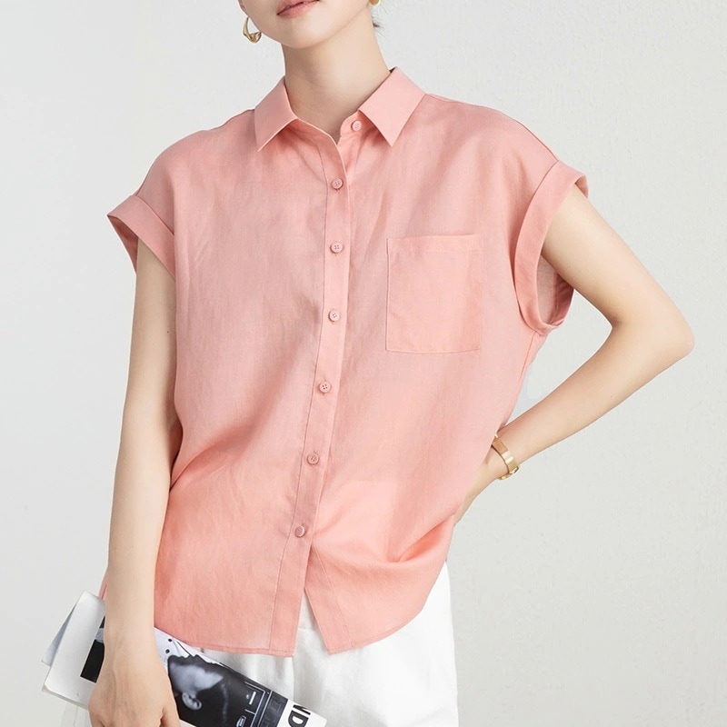 薄手の天糸ラミー麻シャツ女夏でもブラウス ン半袖ピンク落肩上着2025新デザイン感小衆白シャツ