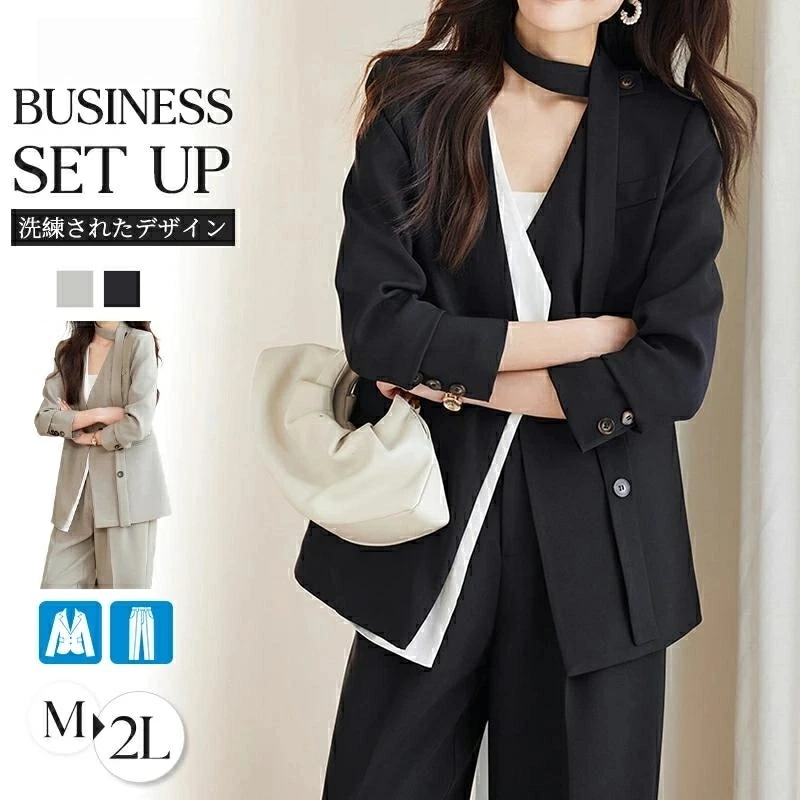 オフィス リクルートスーツ シンプル 大人 長袖 レイヤード風 ネックピース付き ツレディース ネクタイ付き きれいめ フォーマル