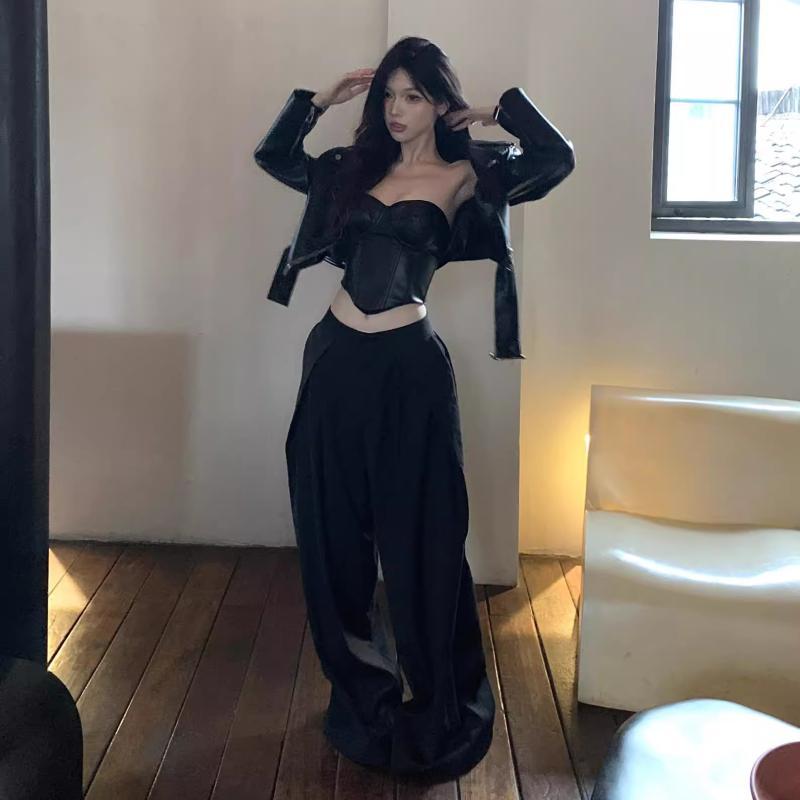 レディース　カジュアル　パンツ CArcinogen * 精巧 重ね 着 感 ブラック ワイド レッグスリム スーツ パンツ