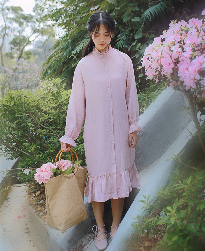 甘い森のソリッドカラーの長いプリーツ長袖のフィッシュテールシャツのドレスの女性の服