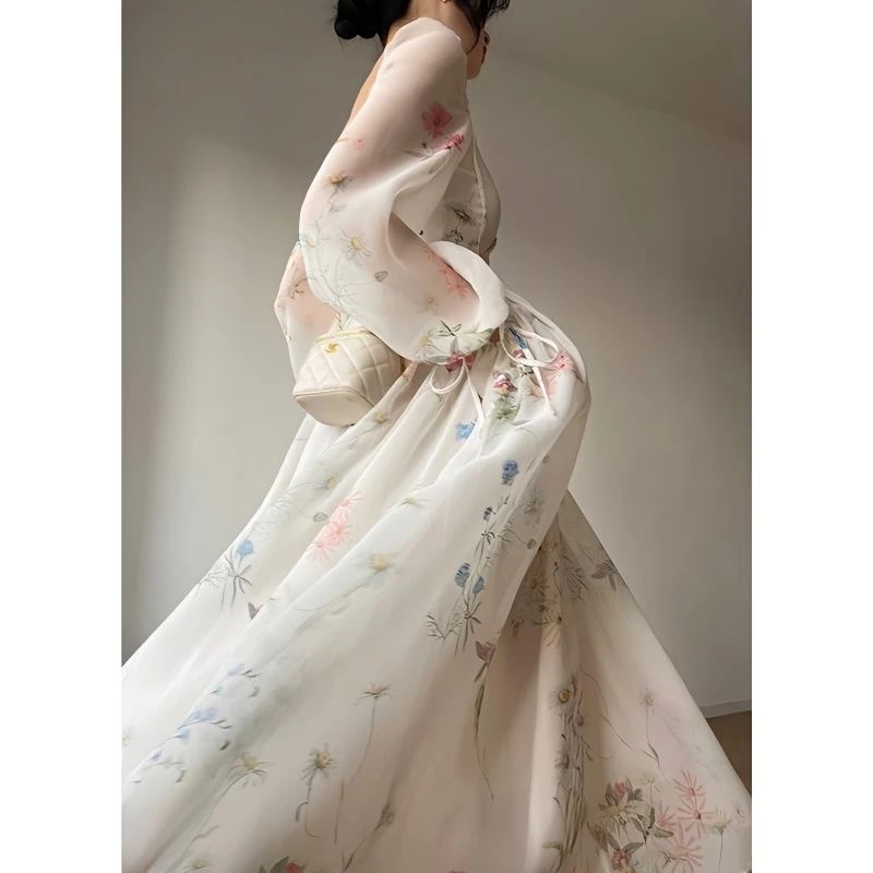 パーティードレス 春夏 新作 フレンチワンピース やせて見える プリント模様の服着 初恋ワンピース ロングスカート ティーブレイクドレス