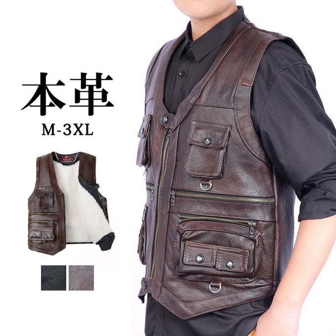 レザーベスト 本革 牛革 メンズ ミリタリーベスト 前開き チョッキ 本革ベスト 皮ベスト ウールファーインナー 2way 脱着可 防風 防寒 革ジャン 皮ジャン 通勤 フォーマルベスト カジュア