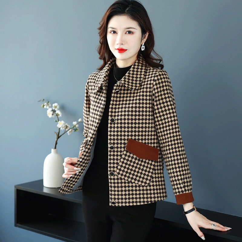 ママの秋冬綿コートショートスモールスーツ新品中高年女性春秋チェック柄ジャケットウールトップス