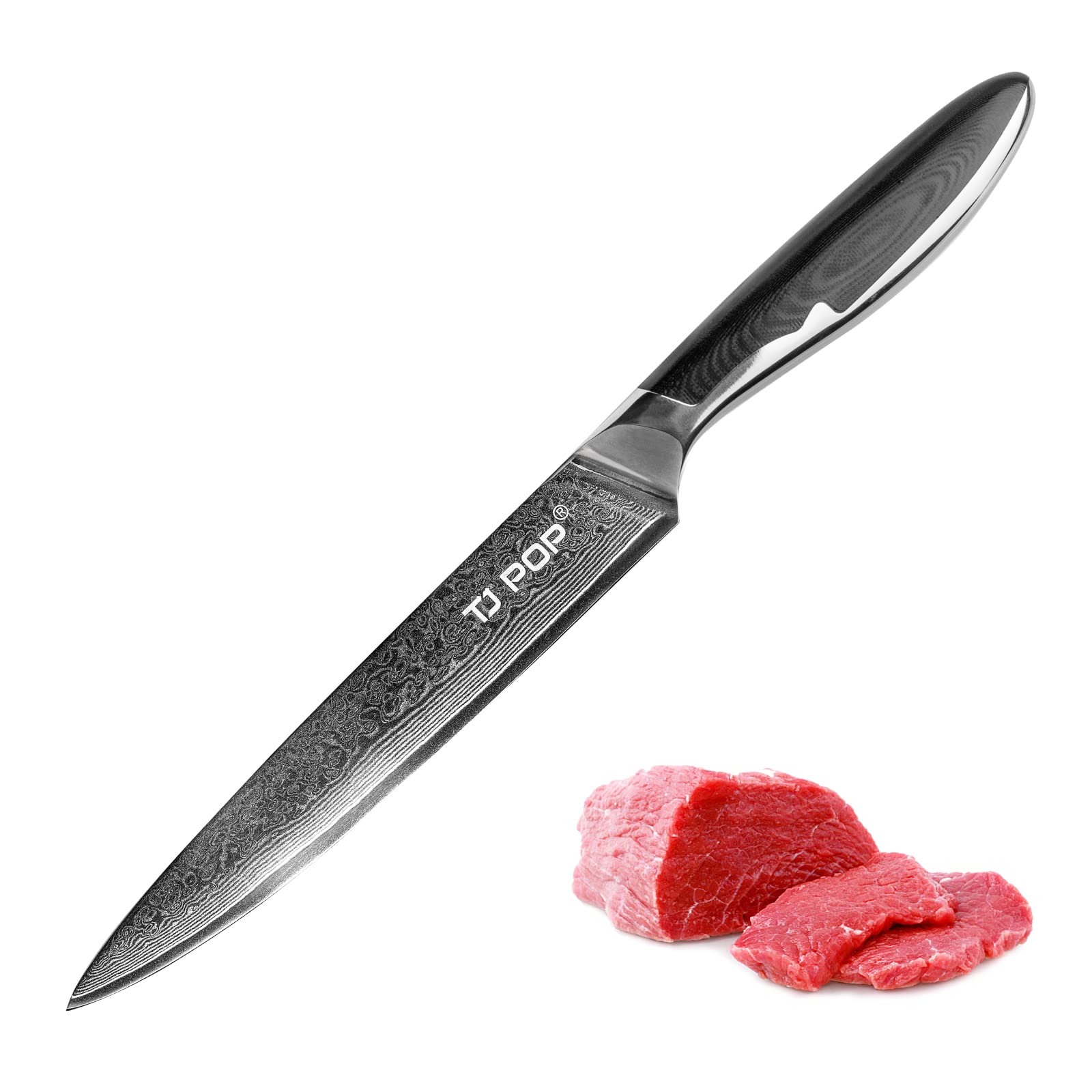 TJ POP 包丁 筋引 ダマスカス鋼 超鋭利切れ味 刃渡り20.3cm 肉の繊維を崩さず美しく切り分ける 刺身 寿司 ステーキ切り 手にフィットする 末永くご愛用頂ける G10ハンドル 食洗機対応