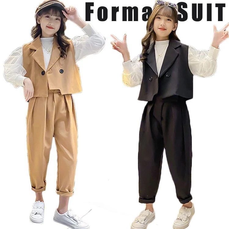 入学式 パンツスーツ フォーマルスーツ 女の子 子供スーツ キッズ tシャツ ベスト パンツ セットアップ ピアノ発表会 韓国 ブラック カーキ 卒業式 1 170