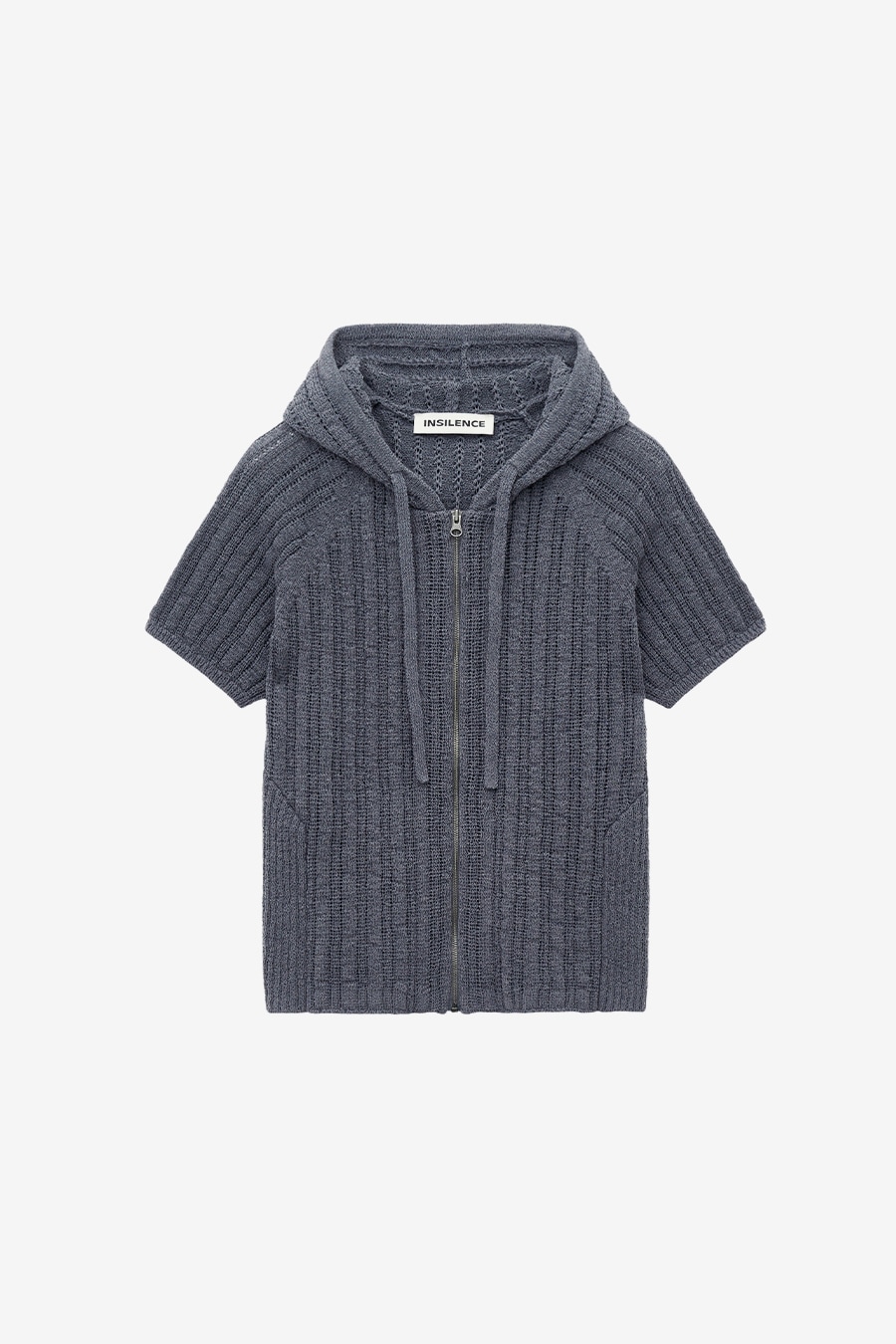 【INSILENCE】 HALF SLEEVE HOODED ZIP-UP KNIT : BLUE GREY