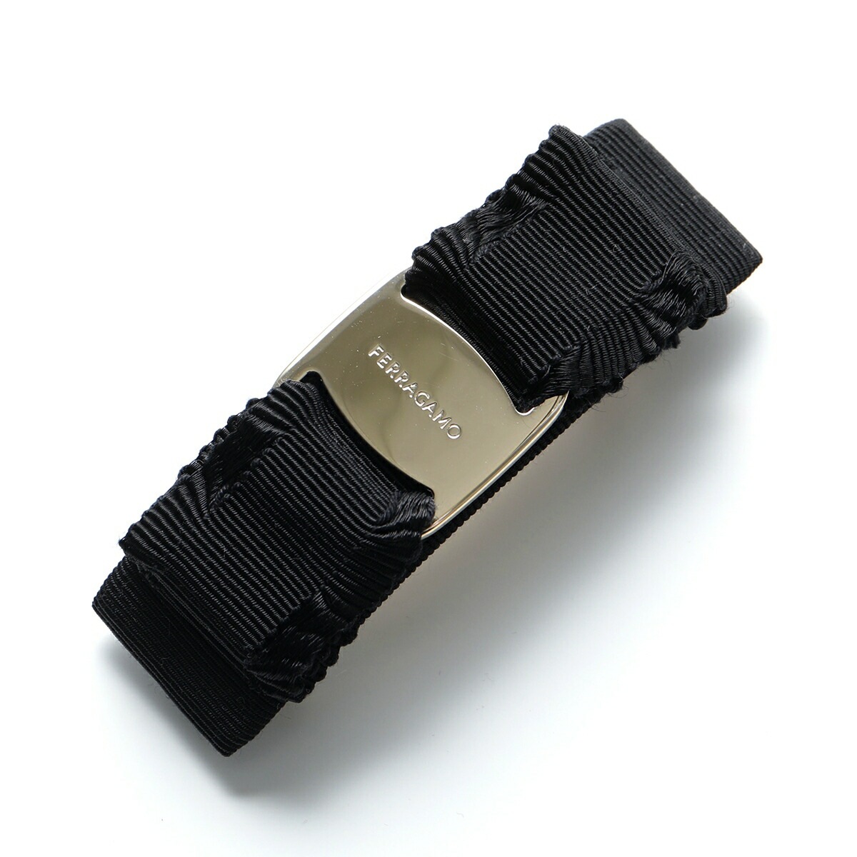 FERRAGAMO フェラガモ 34 6972 662681 ヴィラ リボン バレッタ ヘアアクセサリー ロゴメタルプレート 001/NERO-ORO レディース