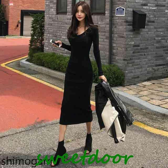 ロングワンピース 長袖 ニットワンピース レディース 黒 細身 着痩せ タイトワンピース ニットワンピ 春 秋 冬 コーデ ミモレ丈ワンピース