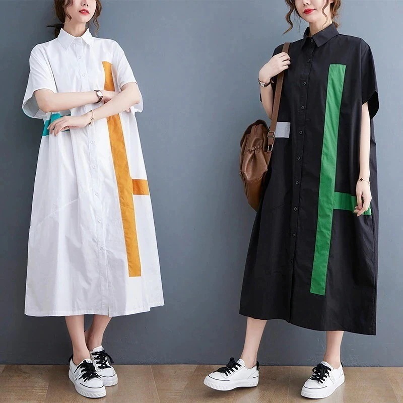 「ファットガール」 半袖/ワンピース/夏ワンピース/大きいサイズ/婦人服/ミドル丈/綿麻/シャツワンピース 日焼け止め ドレス ロングワンピース メガ割