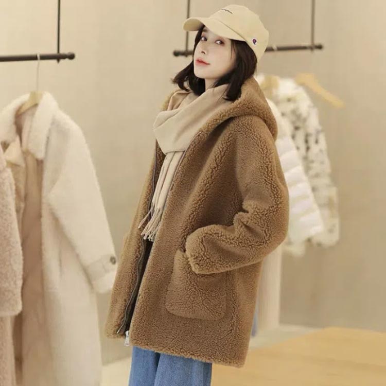 S-2XLボアパーカーフード付きレディース前開きジップアップボアアウターボアジャケットミドル丈フェイクムートンもこもこ秋冬通勤通学大人学生ゆったり厚ボリューム防寒保温ポケット付きホワイト白