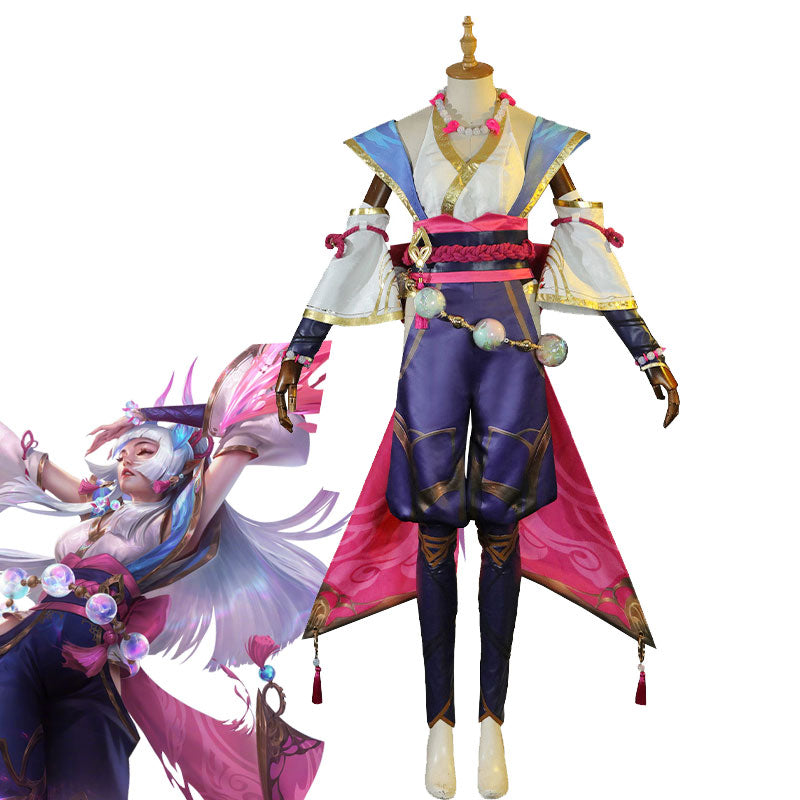 LoL Syndra コスプレ衣装 女性のための合成コスプレ衣装,花柄,完全な衣装,帽子,ゲームドレス,着物,漢服