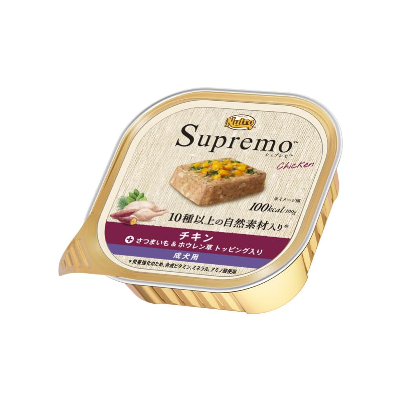 シュプレモ ウェット パテタイプ 成犬用 全犬種用 100g×24個 チキン さつまいも&ampホウレン草 トッピング入り トレイ 缶詰 総合栄養食 ドッグフード 犬 まとめ買い 厳選自然素材