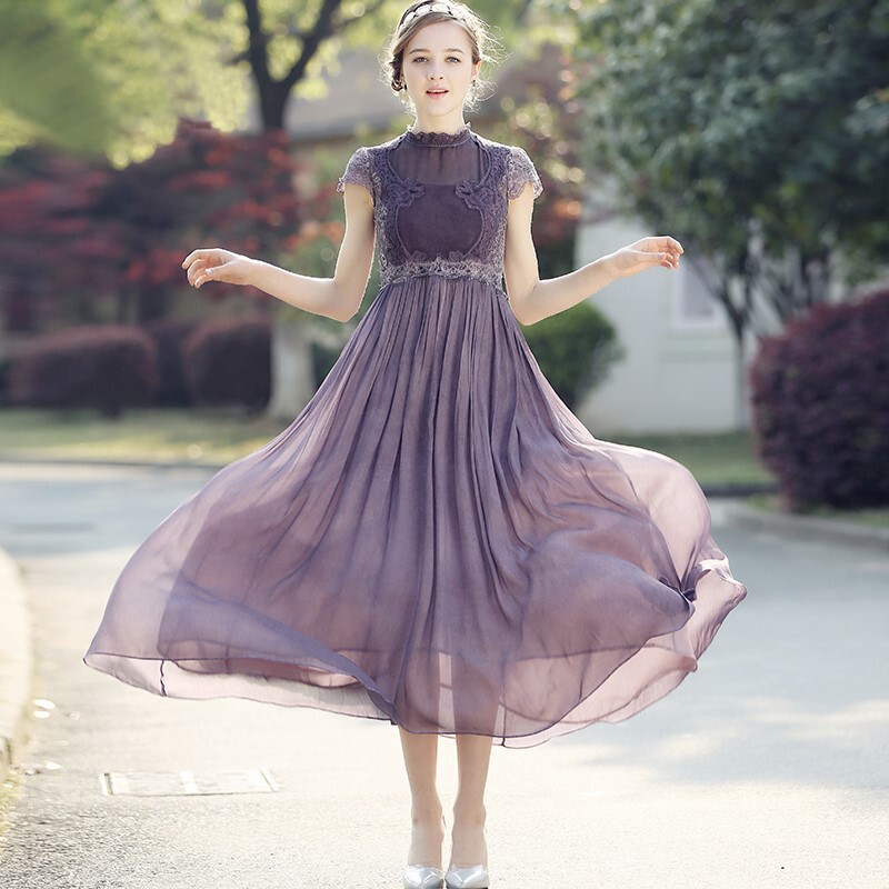 パーティードレス シフォンドレス ドレス イブニングドレス オルチャン 半袖 フレンチスリーブ風 レース ハイネック フレア レディース 韓国 パープル ブラック ホワイト 紫 黒 白 8,573円