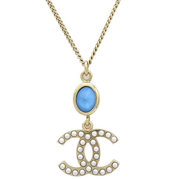 シャネル CHANEL ネックレス ココマーク スイングネックレス GP フェイクパール カラーストーン ブルーXゴールド オーバルストーン 【ケース】【中古】