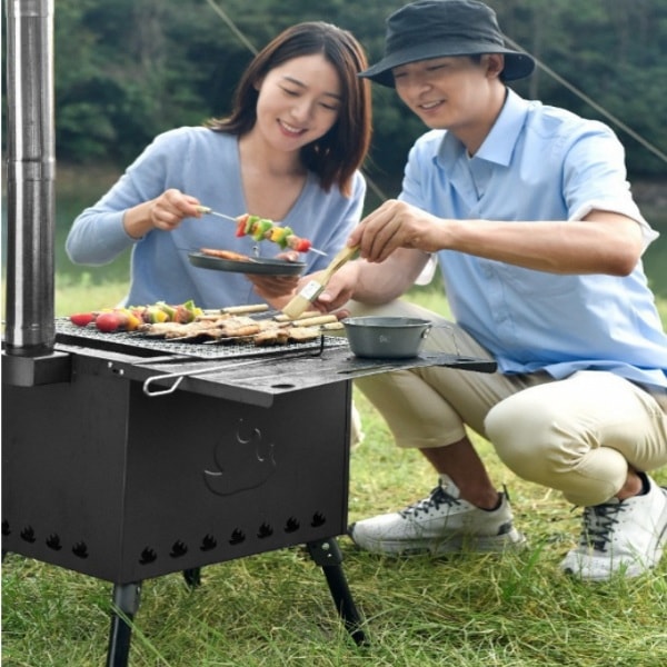 薪ストーブ ストーブ 薪 キャンプ 煙突 折りたたみ 調理器具 アウトドア コンロ 屋外 焚き火台 バーベキュー 棚付き コンパクト 車載 暖房 冬 焚火 料理
