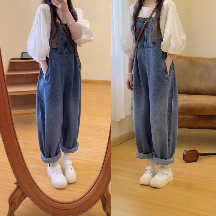 2024 スーツ 長ズボン デニム オーバーオール ハイウエスト 調整可能 レディース ゆったり 齢還元