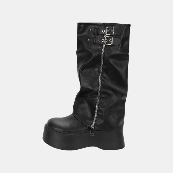 女子ブーツウォーカー太ヒール厚底バックルレザーブーツSSS699