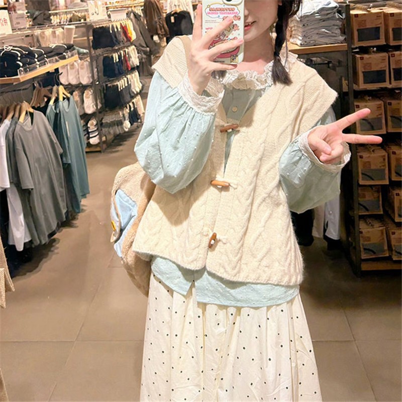 レトロスイートスリーピース春秋重ねニットカーディガンジャケットレースシャツトップスハイウエストスカート