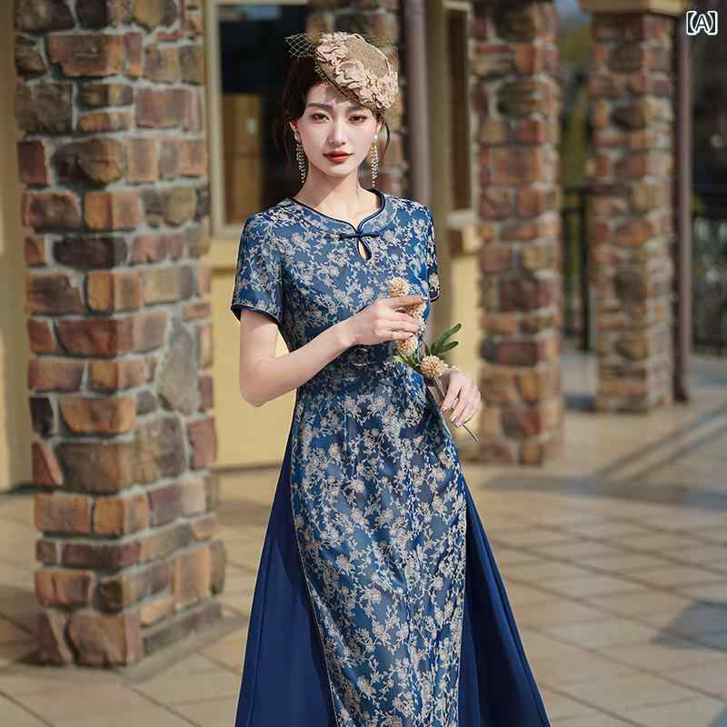 アオザイ チャイナドレス 夏 レディース ワンピース ドロップカラー ロング丈 中年 母 腹部 カバー ブルー レッド