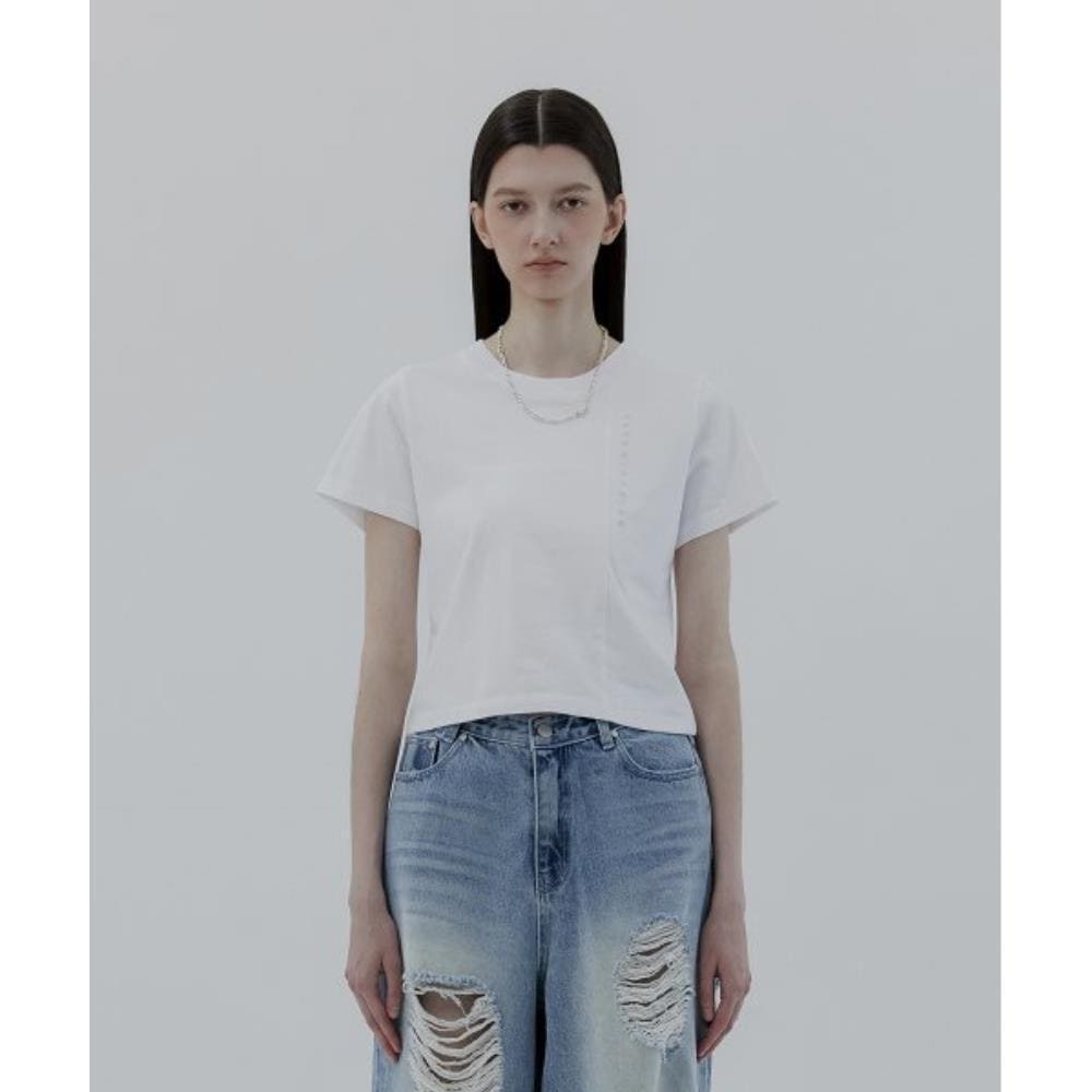 TREEMINGBIRD Seethrough Fabric Over Half Tshirts White