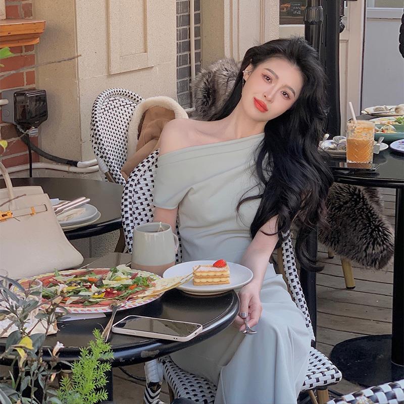 ワンピース ワンピドレス ロング ロング丈 ワンショルダー 襟なし セミフレア マーメイド ハイウエスト かわいい 大人可愛い きれいめ シンプル 大人 上品 おしゃれ お洒落 アジアン エスニック