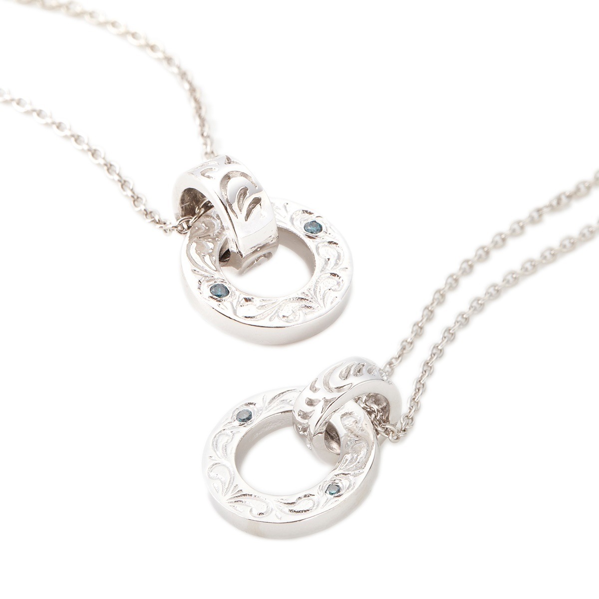 ペアネックレス メンズ レディース シルバー925製 ブルーダイヤ リング ハワイアンジュエリー ハワジュ スクロール 彫刻 銀製品 小豆チェーン 40cm 50cm 夏 海 南国 おしゃれ 綺麗 繊