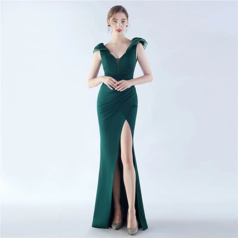 ロング ドレス レディース イブニング 深Vネック ノースリーブ スリット 背中 チャック スリムフィット きいサイズ パーティー シンプル 白 黒 赤 5,113円