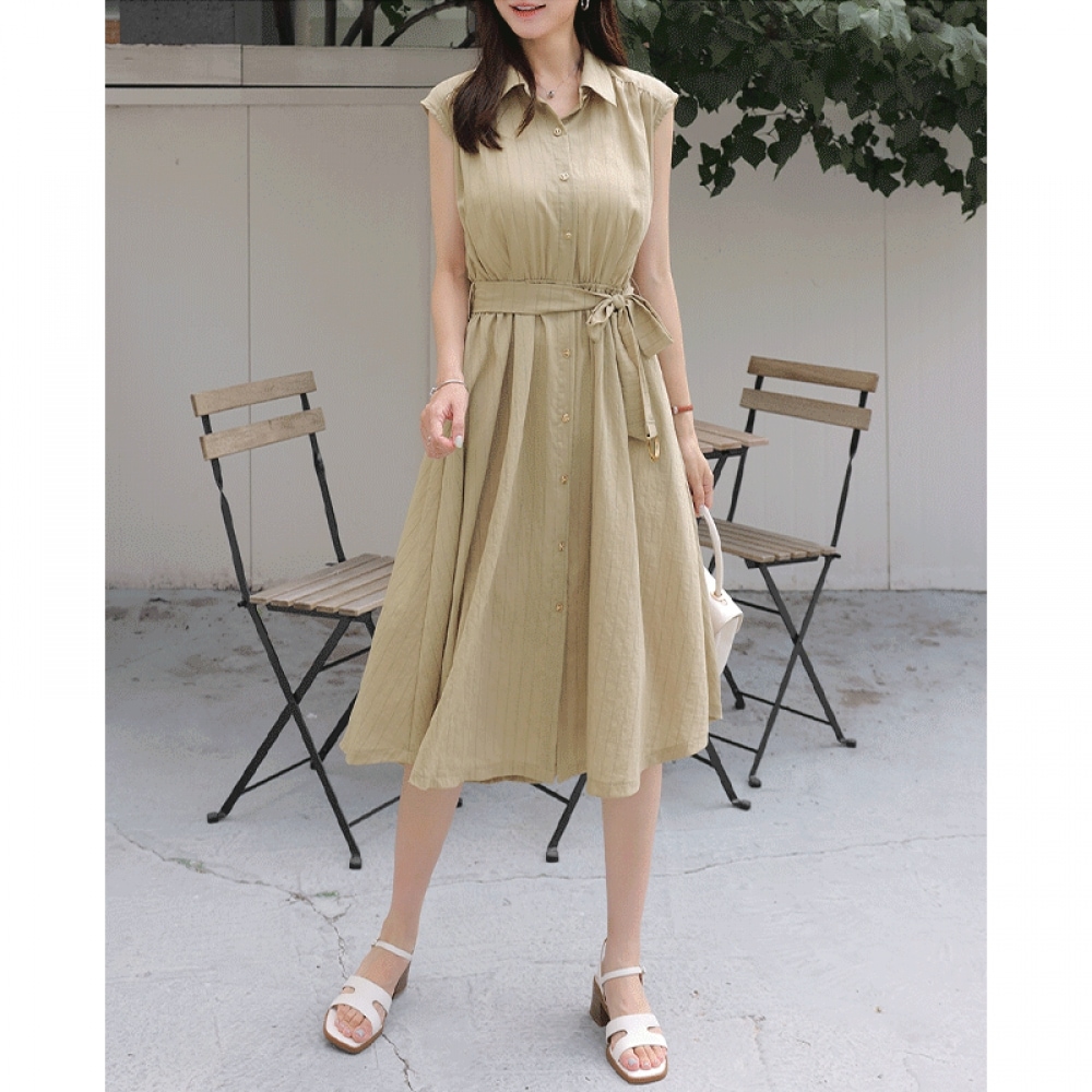 Click & Funny バットストライプリネンカラードレスベルトセット