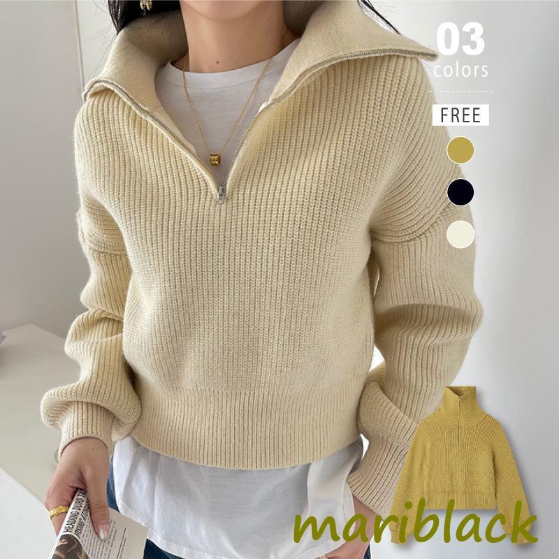 ニット セーター ハーフジップ ショート丈 トップス 長袖 パフスリーブ ハイネック Vネック レディース クロップド カジュアル 大人 かわいい