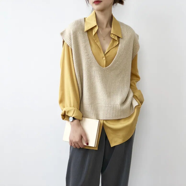 5color レディース ワイドVネックベスト ニットベスト ゆるニット レイヤード Vネック