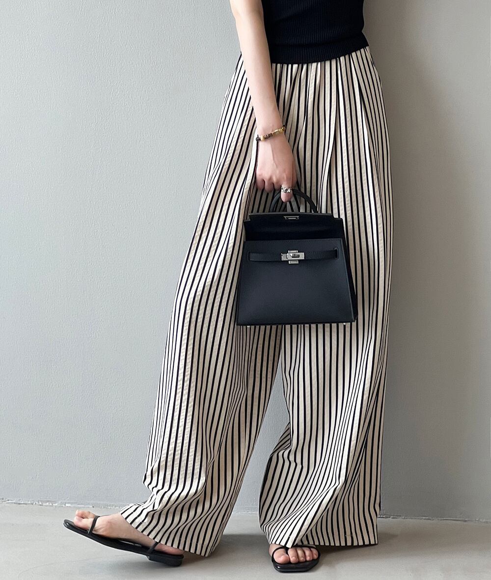 ストライプ柄 マキシ丈 ロング スラックス ワイド 綿 夏 春夏 ストレートパンツ タックワイドパンツ レディース