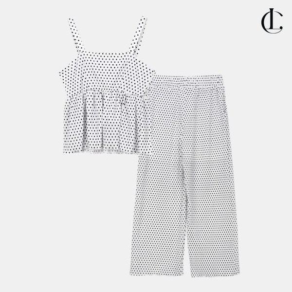 女性ツーピース ドット ノースリーブ セットアップ クールバンディング ワイドフィット プリーツパンツ LPPA007