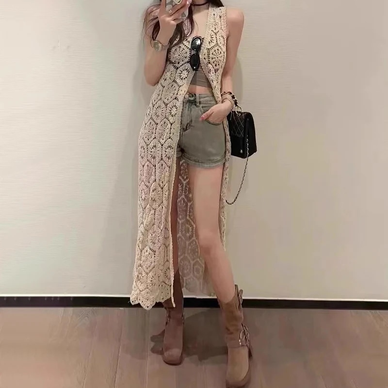 女性のためのフロントボタン付きの長いかぎ針編みのカーディガン,ノースリーブのオープンジャケット,ビーチウェア,休暇の衣装,夏 - 200000345