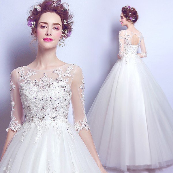 ウエディングドレス 袖あり 二次会 ウェディングドレス 安い 結婚式 プリンセス エンパイア 花嫁 ドレス 白 披露宴 ロングドレス ブライダル 大きいサイズ 品質