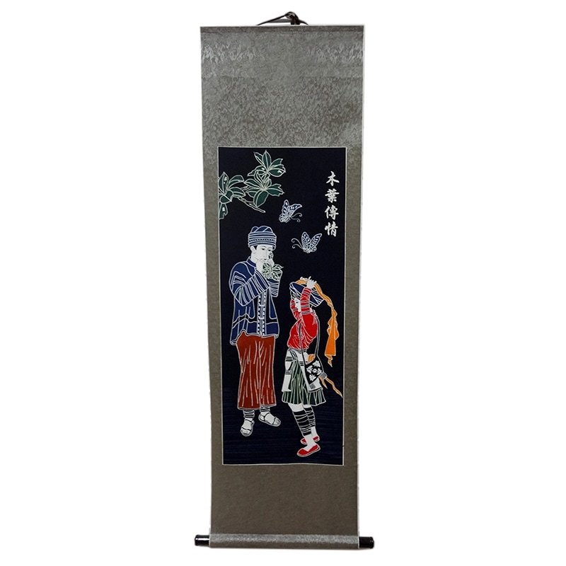 Folk Art Chinese Painting Style Wall Decor Hanging Scroll Batik Tapestry - Leaf-whistling 140x50cm