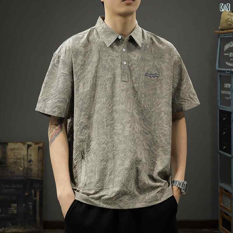 メンズ ポロシャツ 春夏 男性用 フルプリント シャツ アメリカン ワークウェア カジュアル 半袖 Tシャツ 綿 テキスト 都会的 レジャー トップステッチ