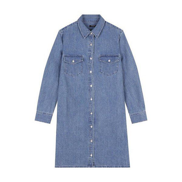 【女性】ツーポケットシャツ型Mトーンデニムワンピース（B255DO990P）（P003809173）