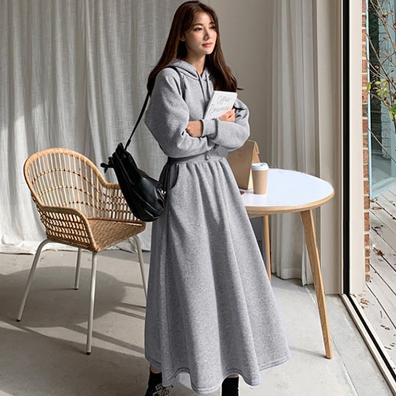 ワンピース レディース ロング 長袖 フーディー シンプル 大人可愛い きれいめ カジュアル 大人 上品 おしゃれ 抜け感 ラフ 無地 秋 冬 ママ 学生 アウトドア 楽ちん グレー ブラック