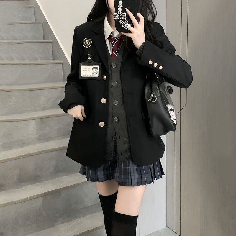 学園風 スーツ オリジナルアニメ JK 制服先輩風 女性用秋冬学園風セット - 校供風チェック柄プリーツスカート・ニットカーディガン 重ね着フルセット