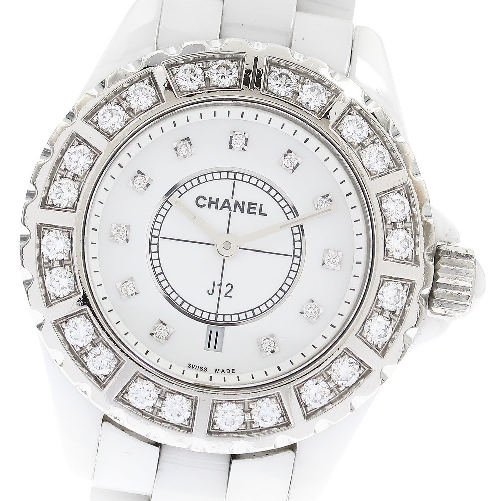 シャネル CHANEL J12 白セラミック ダイヤベゼル デイト 11Pダイヤ クォーツ レディース _899315【中古】