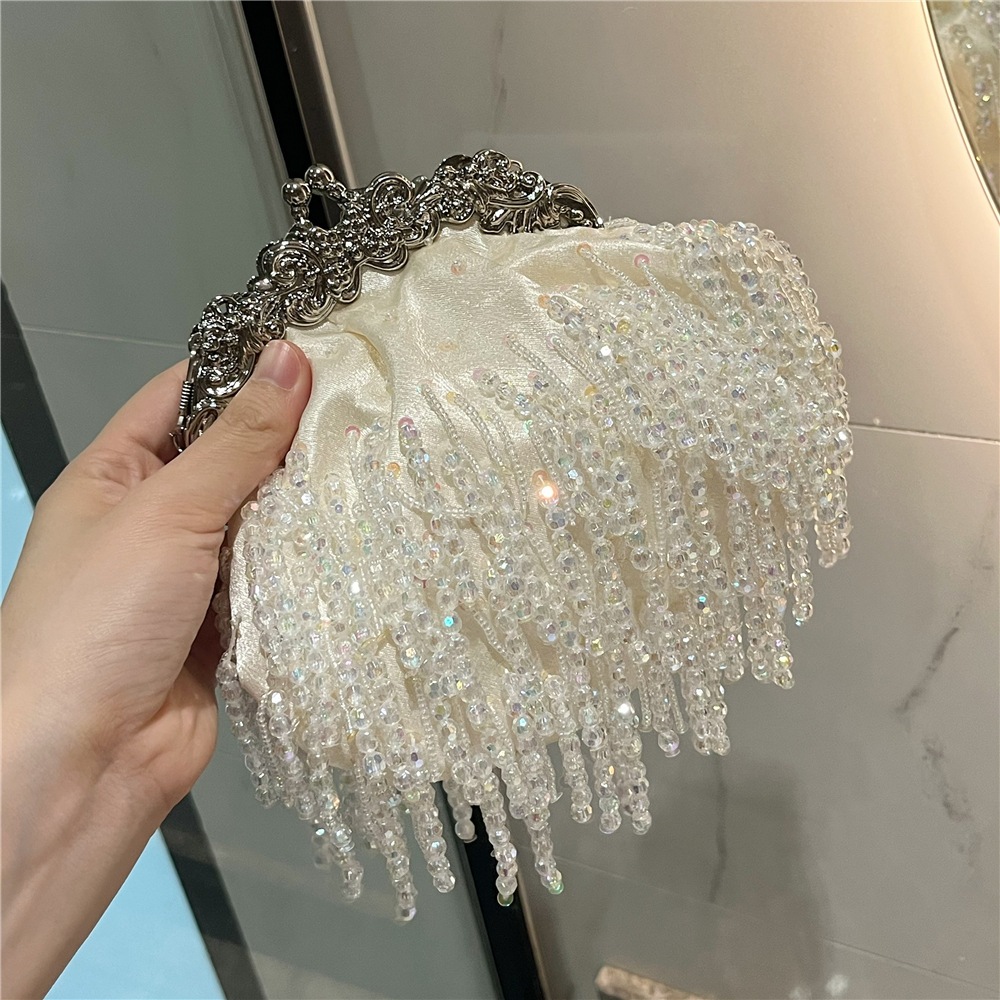 ビーズ編み込みフリンジファスナーバッグ 名媛レディーチャイナドレスバッグ パールチェーンサテンミニバッグ 高級感斜め掛けソフトバッグ